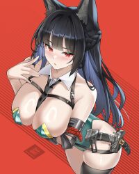 1girl animal_ear_fluff animal_ears arm_under_breasts between_breasts black_hair black_necktie breasts freshtango green_leotard hand_up highres holster hoshimi_miyabi large_breasts leotard long_hair necktie necktie_between_breasts red_background red_eyes single_thighhigh solo sword thighhighs very_long_hair weapon zenless_zone_zero
