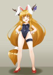 1girl absurdres alternate_costume anger_vein animal_ears black_leotard blunt_bangs blush bow brown_eyes brown_hair brown_horns commentary_request fake_animal_ears fingernails full_body grey_background hands_on_own_hips high_heels highres horn_bow horn_ornament horns ibuki_suika kurohiba leotard long_hair looking_at_viewer low-tied_long_hair open_mouth playboy_bunny purple_bow rabbit_ears red_nails red_shoes shoes sidelocks smile solo standing strapless strapless_leotard thigh_strap touhou v-shaped_eyebrows variant_set very_long_hair wrist_cuffs