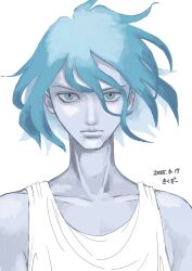 Rule 34 | 1boy, blue eyes, blue hair, floating hair, glaring, gundam, gundam gquuuuuux, highres, kikuzou ramen, looking at viewer, male focus, partially colored, short hair, shuji ito, simple background, sleeveless, solo, tank top, upper body, white background