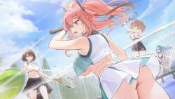 4girls ass ass_focus azur_lane ball baltimore_(azur_lane) baltimore_(black_ace)_(azur_lane) blue_hair breasts bremerton_(azur_lane) bremerton_(scorching-hot_training)_(azur_lane) brown_hair clemenceau_(azur_lane) clemenceau_(splendid_breeze)_(azur_lane) game_cg gluteal_fold highres holding holding_racket jumping large_breasts marco_polo_(azur_lane) multiple_girls net non-web_source pink_eyes pink_hair ponytail racket red_eyes short_hair sportswear surprised tennis_ball tennis_court tennis_racket tennis_uniform twintails yellow_eyes