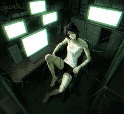 Rule 34 | 1boy, atmospheric perspective, bags under eyes, black hair, black shorts, computer, computer keyboard, entangled, from above, glowing, glowing eyes, head tilt, highres, homicipher, knees up, looking at viewer, loose wires, male focus, monitor, on chair, short hair, shorts, skinny, solo, squalid114617, tank top, white tank top