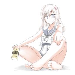 barefoot black_neckerchief black_one-piece_swimsuit blonde_hair blue_eyes blue_sailor_collar can covered_navel crop_top drink_can full_body highres honketsu indian_style kantai_collection long_hair neckerchief one-piece_swimsuit one-piece_tan ro-500_(kancolle) sailor_collar sailor_shirt school_swimsuit shirt sitting sleeveless sleeveless_shirt swimsuit swimsuit_under_clothes tan tanline white_shirt
