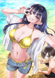 1boy 1girl alternate_costume beach bikini bikini_under_shorts black_hair blue_eyes blush boku_no_kokoro_no_yabai_yatsu breasts brown_eyes cleavage collarbone commentary_request day denim denim_shorts earrings gold_bikini grin hair_over_one_eye hands_up highres hoop_earrings ichikawa_kyoutarou jewelry large_breasts long_hair m2bou male_swimwear mole mole_on_neck multiple_moles navel open_clothes open_shirt outdoors paid_reward_available ringed_eyes sand selfie shirt shore short_hair short_shorts shorts side-tie_bikini_bottom smile squatting standing string_bikini swimsuit v v_over_eye water white_shirt yamada_anna