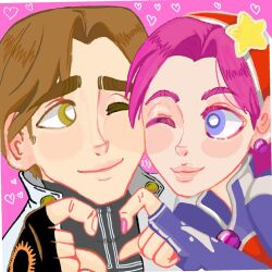 1boy 1girl asamiya_athena brown_hair hair_ornament heart kusanagi_kyou psycho_soldier purple_hair snk star_(symbol) star_hair_ornament the_king_of_fighters the_king_of_fighters_2002