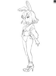1girl animal_ears arm_behind_back art_program_in_frame bare_legs commentary_request full_body greyscale high_heels highres leotard leotard_under_clothes monochrome neckerchief original osakana_(kitasisn) petite rabbit_ears rabbit_girl rabbit_tail sailor_collar sailor_shirt shirt shoes short_hair single_ear_down sketch solo standing stiletto_heels tail usami_(osakana)