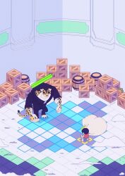 Rule 34 | 2boys, alternate form, barrel, black hair, black necktie, black suit, blue shorts, chibi, formal clothes, health bar, highres, indoors, leopard boy, lv5plant, male focus, monkey d. luffy, multiple boys, necktie, one piece, red shirt, rob lucci, shirt, short hair, shorts, suit