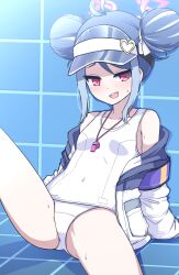Rule 34 | 1girl, armband, bare shoulders, blue archive, blue hair, fubuki (blue archive), fubuki (swimsuit) (blue archive), halo, highres, jacket, multicolored hair, nanju bami, one-piece swimsuit, pink eyes, pink halo, pool, purple armband, school swimsuit, swimsuit, thighs, two-tone hair, whistle, whistle around neck, white jacket, white one-piece swimsuit