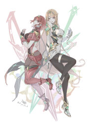 Rule 34 | 2girls, arm guards, armor, backless outfit, bare shoulders, black pantyhose, blonde hair, bob cut, boots, breasts, cleavage, closed mouth, dress, earrings, elbow gloves, fingerless gloves, floating earrings, full body, gloves, gold trim, highres, jewelry, large breasts, legs, long hair, looking at viewer, medium hair, microdress, multiple girls, mythra (massive melee) (xenoblade), mythra (xenoblade), nintendo, pantyhose, pantyhose under shorts, pleated dress, pyra (xenoblade), red shorts, ryokuyuu, short shorts, shorts, shoulder armor, skirt, super smash bros., swept bangs, thigh boots, thigh strap, thighhighs, thighhighs over pantyhose, very long hair, white dress, white gloves, xenoblade chronicles (series), xenoblade chronicles 2