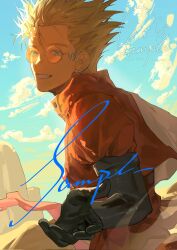 1boy blonde_hair blue_eyes coat earrings guiwansang1 highres jewelry male_focus mole mole_under_eye orange-tinted_eyewear prosthesis prosthetic_arm red_coat round_eyewear single_earring spiked_hair tinted_eyewear trigun vash_the_stampede