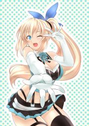 Rule 34 | 1girl, blonde hair, blue eyes, blush, breasts, dress, female focus, highres, large breasts, long hair, mirai akari, one eye closed, ponytail, skirt, smile, solo, wink