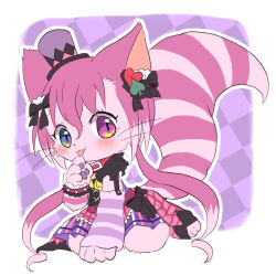 1girl animal_ears animal_feet animal_hands black_bow blue_eyes bow cat_busters cat_ears cat_girl cat_tail cheshire_(cat_busters) chibikemo commentary_request dress furry furry_female hair_bow hat heterochromia long_hair looking_at_viewer low_twintails mini_hat mini_top_hat purple_dress purple_eyes purple_fur purple_hair sitting solo tail top_hat twintails wariza wataboshi whiskers