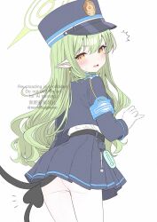1girl ^^^ armband ass belt black_belt black_hat black_jacket black_skirt blue_archive blue_armband blush commentary cowboy_shot demon_girl demon_tail earrings fang film_grain from_behind gloves green_hair green_halo hair_between_eyes hair_over_shoulder halo hand_up hat highres hikari_(blue_archive) jacket jewelry long_hair long_sleeves looking_at_viewer looking_back miniskirt momonexmomo notice_lines open_mouth pantyhose peaked_cap pinky_out pleated_skirt pointy_ears sidelocks simple_background skin_fang skirt solo surprised sweatdrop tail tail_raised thick_eyebrows thigh_gap turning_head twitter_username v-shaped_eyebrows very_long_hair watermark wavy_hair white_background white_gloves white_pantyhose yellow_eyes
