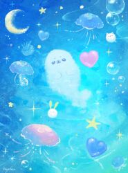 2025 :3 animal animal_focus blue_eyes bubble closed_mouth crescent fluffy heart highres jellyfish looking_at_viewer no_humans original penpen_(pencopeco) seal_(animal) star_(sky) swimming water