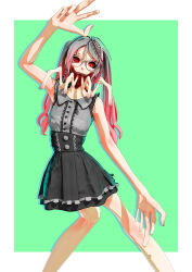 1girl 3d bare_arms black_sclera black_skirt buttons calne_ca_(deino) center_frills collared_shirt colored_sclera deino_(deino3330) feet_out_of_frame frilled_shirt frills glasses gradient_hair green_background grey_hair grey_shirt highres long_fingers long_hair looking_at_viewer monster_girl multicolored_hair nato-kun original pink_hair red_eyes shirt skirt sleeveless sleeveless_shirt solo teeth twintails v