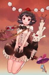 3girls bag black_hair camera commentary_request flying full_body highres himekaidou_hatate inubashiri_momiji inubashiri_momiji_(wolf) mini_person minigirl multiple_girls pointy_ears red_eyes shameimaru_aya short_hair skirt sky tatara_kogasa touhou umbrella yst