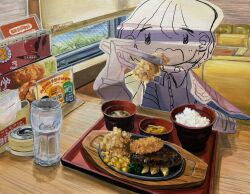 1girl acrylic_paint_(medium) booth_seating chopsticks cup drinking_glass eating food highres holding holding_chopsticks indoors meat open_mouth original painting_(medium) paper_cutout pen_(medium) restaurant rice short_hair solo steak table tokunaga_aoi traditional_media tray window
