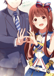 Rule 34 | 1boy, 1girl, absurdres, anniversary, belt, black jacket, black pants, blue necktie, blush, bow, brown eyes, brown hair, closed mouth, create festival (idolmaster), dated, diagonal-striped clothes, diagonal-striped necktie, eyes out of frame, formal clothes, hair bow, head out of frame, highres, idolmaster, idolmaster million live!, idolmaster million live! theater days, jacket, long hair, long sleeves, looking at viewer, midriff peek, multicolored bow, natsuki p, navel, necktie, ok sign, open mouth, pants, plaid clothes, producer (idolmaster), ribbon, shirt, simple background, sleeveless, sleeveless shirt, smile, sparkle, standing, striped clothes, striped ribbon, suit, tanaka kotoha, white background, white belt, wrist cuffs