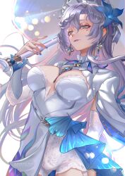 Rule 34 | 1girl, blue eyes, blue flower, breasts, cantarella (wuthering waves), closed mouth, commentary, cowboy shot, dress, earrings, facial mark, flower, hair between eyes, hair flower, hair ornament, headdress, highres, holding, holding umbrella, jewelry, large breasts, long hair, looking at viewer, mark under eye, nail polish, purple hair, purple nails, shorts, shrug (clothing), smirk, solo, umbrella, washuu, white dress, white shorts, white shrug, wuthering waves
