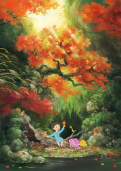 1girl :d animal arm_up autumn autumn_leaves backpack bag bird black_hair blue_dress brown_hair child closed_eyes day dress forest hat highres holding holding_leaf in_tree kindergarten_uniform leaf light_rays log long_sleeves nature open_mouth original outdoors randoseru river rock scenery school_hat short_hair sitting smile socks solo squirrel sunbeam sunlight tree unworn_backpack unworn_bag unworn_hat unworn_headwear water yukoiwase