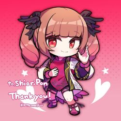 1girl brown_hair chibi chibi_only commission commissioner_name cosplay dress eyelashes fighting_stance heart indie_virtual_youtuber kotorai ling_xiaoyu ling_xiaoyu_(cosplay) long_hair looking_at_viewer pink_background pink_dress red_eyes shiori_pon skeb_commission solo star_(symbol) tekken thank_you twintails virtual_youtuber