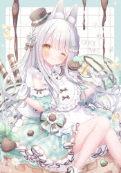1girl animal_ear_fluff animal_ears aqua_background aqua_dress black_hat bow braid brown_bow candy chocolate chocolate_drip chocolate_heart circle_skirt commentary_request daisy_(flower) detached_sleeves dress feet_out_of_frame fishnet_pantyhose fishnets flower food frilled_dress frilled_gloves frills gloves green_bow grid_background hair_bow hair_flower hair_ornament hair_over_shoulder hairclip hat hat_flower heart heart-shaped_food heart_hair_ornament heart_wand highres holding holding_wand knees_together_feet_apart lolita_fashion long_hair long_sidelocks mini_hat mini_top_hat mint omochi_monaka original pantyhose plaid_clothes plaid_dress puffy_short_sleeves puffy_sleeves rabbit_ears rabbit_girl ribbon short_sleeves side_braid sidelocks single_braid sitting solo sweet_lolita top_hat very_long_hair wand wavy_hair white_gloves wing_collar yellow_ribbon