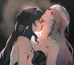 2girls aqua_hair bare_arms bare_shoulders black_dress black_hair blunt_bangs breasts cleavage closed_eyes closed_mouth commentary couple dress english_commentary eyebrows_hidden_by_hair fuori grey_hair head_back herta_(honkai:_star_rail) highres honkai:_star_rail honkai_(series) imminent_kiss lipstick_mark lipstick_mark_on_neck long_hair looking_up medium_breasts multicolored_hair multiple_girls neck open_mouth purple_eyes red_lips ruan_mei_(honkai:_star_rail) smile strapless strapless_dress streaked_hair the_herta_(honkai:_star_rail) two-tone_hair upper_body yuri