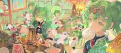 5girls absurdres bamboo_steamer can chibi chinese_commentary chopsticks commentary_request d8_(die) dice dice_earrings drink_can earrings food food-themed_hair_ornament food_in_mouth green_eyes green_hair hair_ornament hair_ribbon hairclip hao_(vocaloid) hatsune_miku highres holding holding_plate hotpot indoors jewelry lantern lotus_root lotus_root_slice mayijiang meat mouth_hold multiple_girls multiple_persona mushroom nail_polish peach_hair_ornament plate polyhedral_dice red_nails red_ribbon ribbon sauce saucer sliced_meat soda_can spoken_character steamed_bun stuffed_animal stuffed_panda stuffed_toy tassel tassel_hair_ornament vegetable vocaloid x_hair_ornament