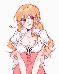 1girl :q back_ribbon blush breasts cleavage closed_mouth collar collarbone dirndl dress earrings frilled_collar frilled_shirt frilled_sleeves frills german_clothes hashtag-only_commentary highres jewelry long_hair low_twintails medium_breasts nami_(one_piece) official_alternate_costume official_alternate_hairstyle one_piece orange_hair pearl_earrings puffy_short_sleeves puffy_sleeves red_dress red_skirt rimimiru shirt short_sleeves simple_background single_sidelock skirt solo star_(symbol) straight-on tongue tongue_out twintails upper_body wavy_hair white_shirt