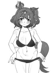 animal_ears aston_machan_(umamusume) breasts cleavage closed_mouth collarbone crown dated groin highres horse_ears horse_girl horse_tail large_breasts looking_at_viewer medium_hair monochrome navel saramiao-chan simple_background smile swimsuit tail twitter_username umamusume white_background