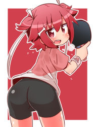 Rule 34 | 1girl, :d, ass, bike shorts, black shorts, blush, bone hair ornament, cartoon bone, commentary request, female focus, hair between eyes, hair ornament, hair ribbon, holding, leaning forward, looking at viewer, looking back, naga u, open mouth, outline, paddle, red background, red eyes, red hair, red shirt, ribbon, shakunetsu no takkyuu musume, shirt, short shorts, short sleeves, shorts, smile, solo, sweat, table tennis paddle, teeth, tsumujikaze koyori, two-tone background, two side up, upper teeth only, white background, white outline, white ribbon, wristband