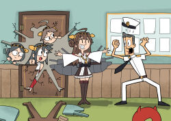 4girls admiral_(kancolle) ahoge bare_shoulders black_hair brown_hair cartoonized detached_sleeves double_bun enemy_lifebuoy_(kancolle) flipped_hair glasses hair_bun hair_ornament hairband haruna_(kancolle) headgear hiei_(kancolle) japanese_clothes johnny_test kantai_collection kirishima_(kancolle) kongou_(kancolle) long_hair machinery multiple_girls nontraditional_miko open_mouth osananajimi_neko parody short_hair skirt smile style_parody toon_(style)