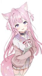 1girl animal_ear_fluff animal_ears antenna_hair arm_cutout bandaid_on_thigh belt belt_collar blue_eyes blush book bow braid breasts cardigan choker collar collarbone fang flower frilled_sailor_collar frills hair_ornament hair_ribbon hairclip hakui_koyori hakui_koyori_(school_uniform) heart heart_hair_ornament highres holding holding_book hololive hugging_book hugging_object kokoro_(hakui_koyori) large_breasts long_hair long_sleeves looking_at_viewer multicolored_eyes o-ring o-ring_belt open_mouth orange_ribbon pink_bandaid pink_bow pink_cardigan pink_hair pink_ribbon pink_sailor_collar pink_skirt plaid_clothes plaid_skirt pleated_skirt purple_belt purple_choker purple_collar purple_eyes ribbon sailor_collar school_uniform serafuku simple_background skin_fang skirt sleeves_past_wrists smile solo standing star_ornament taachika tail tail_flower tail_ornament thigh_belt thigh_strap thighs two-tone_eyes two-tone_ribbon two_side_up virtual_youtuber white_background white_ribbon white_serafuku wing_collar wolf_ears wolf_girl wolf_tail