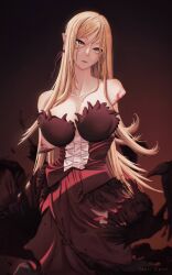1girl absurdres artist_name blonde_hair blood breasts cleavage commentary dress english_commentary highres kiss-shot_acerola-orion_heart-under-blade kizumonogatari large_breasts long_hair missing_limb monogatari_(series) nori_cent oshino_shinobu red_background red_dress sharp_teeth solo teeth vampire yellow_eyes