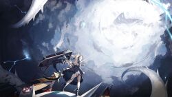 1girl admiral_hipper_(meta)_(azur_lane) apocalypse azur_lane black_sky cane cloud cloudy_sky creature dress floating_hair frills full_body game_cg gloves green_eyes hair_between_eyes hair_ornament highres holding leg_ribbon leg_tattoo lightning long_hair long_sleeves looking_up machinery non-web_source ribbon rigging scenery short_dress sky solo standing standing_on_object tattoo tentacles