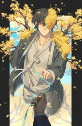Rule 34 | 2boys, aqua ribbon, black border, black hair, border, branch, chinese commentary, e.g.o (project moon), falling petals, flower, flower over eye, grey hanbok, hanbok, highres, holding, holding ribbon, hong lu (project moon), korean clothes, limbus company, long sleeves, looking at viewer, male focus, multiple boys, out of frame, pants, parted lips, petals, project moon, pudding 1106, reflection, reflective water, ribbon, short hair, spicebush (e.g.o), standing, technology liberation alliance (identity) (project moon), wading, water, white hanbok, white pants, wide sleeves, yellow eyes, yellow flower, yellow petals, yi sang (project moon)
