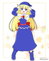 1girl :d arms_up blonde_hair blue_boots blue_eyes blue_hat blue_shirt blue_skirt boots commentary_request full_body hat highres long_hair long_sleeves mitya open_mouth puyopuyo shirt simple_background skirt smile solo standing star_(symbol) twitter_username very_long_hair watermark white_background wide_sleeves witch_(puyopuyo)