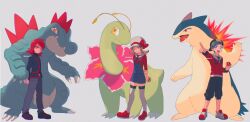 1girl 2boys backwards_hat baseball_cap black_hair blue_overalls bow brown_eyes brown_hair closed_mouth cowlick ethan_(pokemon) feraligatr gen_2_pokemon hat hat_bow highres holding holding_poke_ball jacket long_hair long_sleeves lyra_(pokemon) meganium mikakami1e multiple_boys newsboy_cap nintendo open_mouth overalls pants poke_ball poke_ball_(basic) pokemon pokemon_(creature) pokemon_hgss purple_pants red_hair red_jacket red_shirt ribbon shirt short_hair silver_(pokemon) smile thighhighs turtleneck turtleneck_jacket twintails typhlosion white_hat white_thighhighs