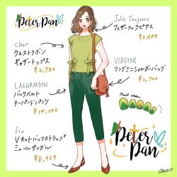 1girl arrow_(symbol) bag bow brown_eyes brown_hair character_name copyright_name genderswap green_pants green_shirt meecosme nail_polish pants shirt shoes short_hair short_sleeves sleeveless sleeveless_shirt smile translation_request walt_disney&#039;s_peter_pan