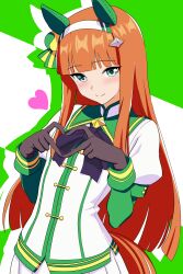 1girl absurdres animal_ears black_bow black_bowtie black_gloves blunt_bangs blush bow bowtie brooch closed_mouth commentary ear_covers gloves green_background green_eyes green_shirt hairband heart heart_hands highres horse_ears horse_girl horse_tail jewelry kiyosuke_(kiyosuke023) long_hair long_sleeves looking_at_viewer orange_hair pleated_skirt puffy_short_sleeves puffy_sleeves shirt short_sleeves silence_suzuka_(umamusume) skirt smile solo star_brooch tail two-tone_shirt umamusume white_hairband white_shirt white_skirt