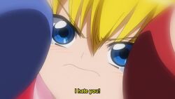 3girls animated anime_screenshot blonde_hair blue_dress blue_eyes blush breast_envy breast_smother breasts close-up crying dress elizabeth_k_strawberryfield english_text face_to_breasts highres huge_breasts kamen_no_maid_guy multiple_girls red_dress shouting sound subtitled tagme video