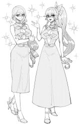 2girls ankle_strap arms_under_breasts bare_shoulders bow bowtie bracelet choker cleavage_cutout clothing_cutout crossed_arms fangs fate/grand_order fate_(series) full_body glasses greyscale hair_bow hand_up high_heels highres jewelry koyanskaya_(fate) long_hair looking_at_viewer monochrome multiple_girls onikudaisuki_x ponytail sparkle sparkling_aura tamamo_(fate)