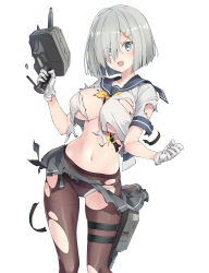 1girl adapted_turret black_pantyhose blue_eyes blush breasts burnt_clothes cannon eyes_visible_through_hair gloves grey_hair grey_sailor_collar grey_skirt hair_ornament hair_over_one_eye hairclip hamakaze_(kancolle) kantai_collection large_breasts looking_at_viewer neckerchief open_mouth panties panties_under_pantyhose pantyhose pleated_skirt sailor_collar sakana_(flame_sakana) school_uniform serafuku ship_turret short_hair short_sleeves skirt solo torn_clothes torpedo_launcher torpedo_tubes underwear white_background white_gloves
