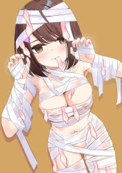 1girl breasts brown_eyes brown_hair condom large_breasts mummy_costume original sereiteru short_hair used_condom