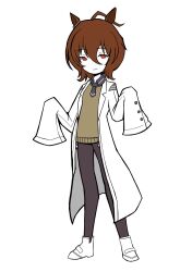 1girl agnes_tachyon_(umamusume) ahoge animal_ears brown_hair drawofficemvp earrings employee_(project_moon) hair_between_eyes highres horse_ears horse_girl jewelry lab_coat lobotomy_corporation long_sleeves looking_at_viewer medium_hair necktie nugget_(project_moon) pantyhose project_moon red_eyes shirt short_necktie single_earring sleeves_past_fingers sleeves_past_wrists smile solo sweater umamusume yellow_sweater