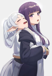 2girls black_coat blunt_bangs buttons capelet closed_eyes coat collar commentary_request dress earrings elf fern_(sousou_no_frieren) floating_earrings frieren frilled_collar frills gold_trim green_eyes grey_background grey_hair highres hood hooded_coat hug hug_from_behind jacket jewelry long_coat long_dress long_hair long_sleeves looking_back multiple_girls open_mouth parted_bangs petite pleated_skirt pointy_ears purple_eyes purple_hair reulem short_eyebrows sidelocks skirt skirt_set sousou_no_frieren straight_hair twintails white_capelet white_dress white_jacket white_skirt