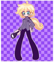 1girl ahoge blonde_hair border checkered_background fallenmooon five_nights_at_freddy&#039;s five_nights_at_freddy&#039;s:_security_breach flashlight green_eyes holding holding_flashlight long_hair long_sleeves pants ponytail security_guard shirt solo vanessa_(fnaf) white_border