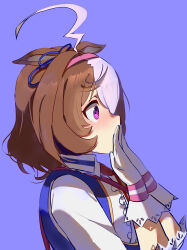 Rule 34 | 1girl, :3, @ @, absurdres, ahoge, animal ears, bag, between breasts, black bag, blue vest, blush, breasts, brown hair, collared shirt, commentary request, covering own mouth, ears down, gloves, hair between eyes, highres, horse ears, horse girl, horse tail, medium hair, meisho doto (umamusume), multicolored hair, no uwazumi, purple background, purple eyes, shirt, shoulder bag, solo, strap between breasts, tail, two-tone hair, umamusume, upper body, vest, white gloves, white hair, white shirt