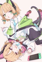 2girls :d :o absurdres an_jin_yu_jue animal_ear_headphones animal_ears aqua_bow aqua_necktie black_tail black_thighhighs blonde_hair blue_archive blunt_bangs blush blush_stickers boots bow bright_pupils buttons cat_ear_headphones cat_ears cat_tail chinese_commentary collared_shirt commentary_request curled_fingers dutch_angle fake_animal_ears fake_tail fang girl_on_top green_bow green_eyes green_jacket hair_bow handheld_game_console headphones highres index_finger_raised jacket kneeling long_sleeves looking_at_object looking_to_the_side low-tied_sidelocks lying medium_hair midori_(blue_archive) momoi_(blue_archive) multicolored_jacket multiple_girls naughty_face necktie nintendo_switch no_halo off_shoulder on_back open_clothes open_jacket open_mouth parted_bangs pigeon-toed pink_boots pink_eyes pink_jacket reaching red_bow school_uniform shadow shirt siblings sidelocks simple_background sisters skin_fang slit_pupils smile spread_fingers tail tail_bow tail_ornament tail_raised thighhighs twins white_background white_jacket white_pupils white_shirt