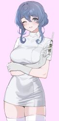 Rule 34 | 1girl, alternate costume, blue eyes, blue hair, braid, braided bun, dress, gloves, gotland (kancolle), hair between eyes, hair bun, highres, kantai collection, long hair, mole, mole under eye, neju, nurse, one eye closed, pink background, sidelocks, simple background, solo, syringe, thighhighs, two-tone background, white dress, white gloves, white thighhighs