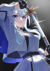 1girl absurdres black_bag black_gloves blue_eyes breasts commentary_request cropped_jacket dress glint gloves half_gloves highres holding holding_sword holding_weapon jacket katana long_sleeves looking_at_viewer open_clothes open_jacket original puffy_long_sleeves puffy_sleeves rissenka solo sword weapon white_dress white_hair white_jacket